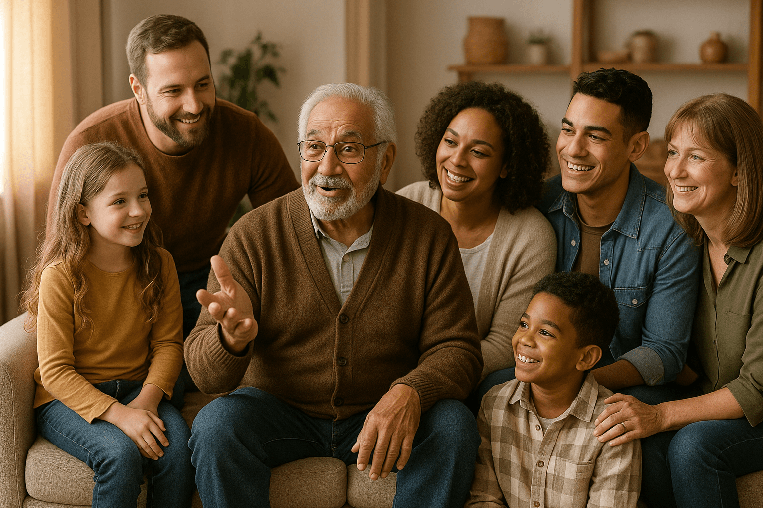 Multi-generational family sharing stories together